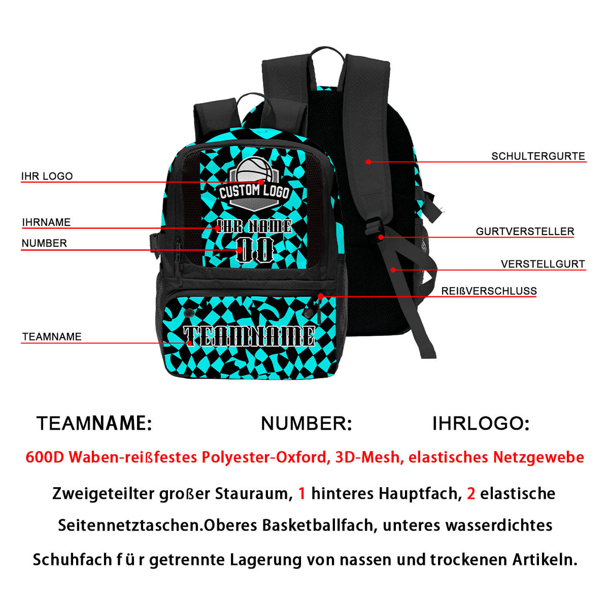 Personalisierter Basketball - und Fußballrucksack in Cyan und Schwarz mit Spielernamen & Nummern und Teamlogo #BP-0919-0011