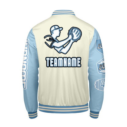 Maßgeschneiderte Weiß Blau Letterman Varsity Jacket Individuelle Stickerei  Druck nach Ihrem Wunsch
