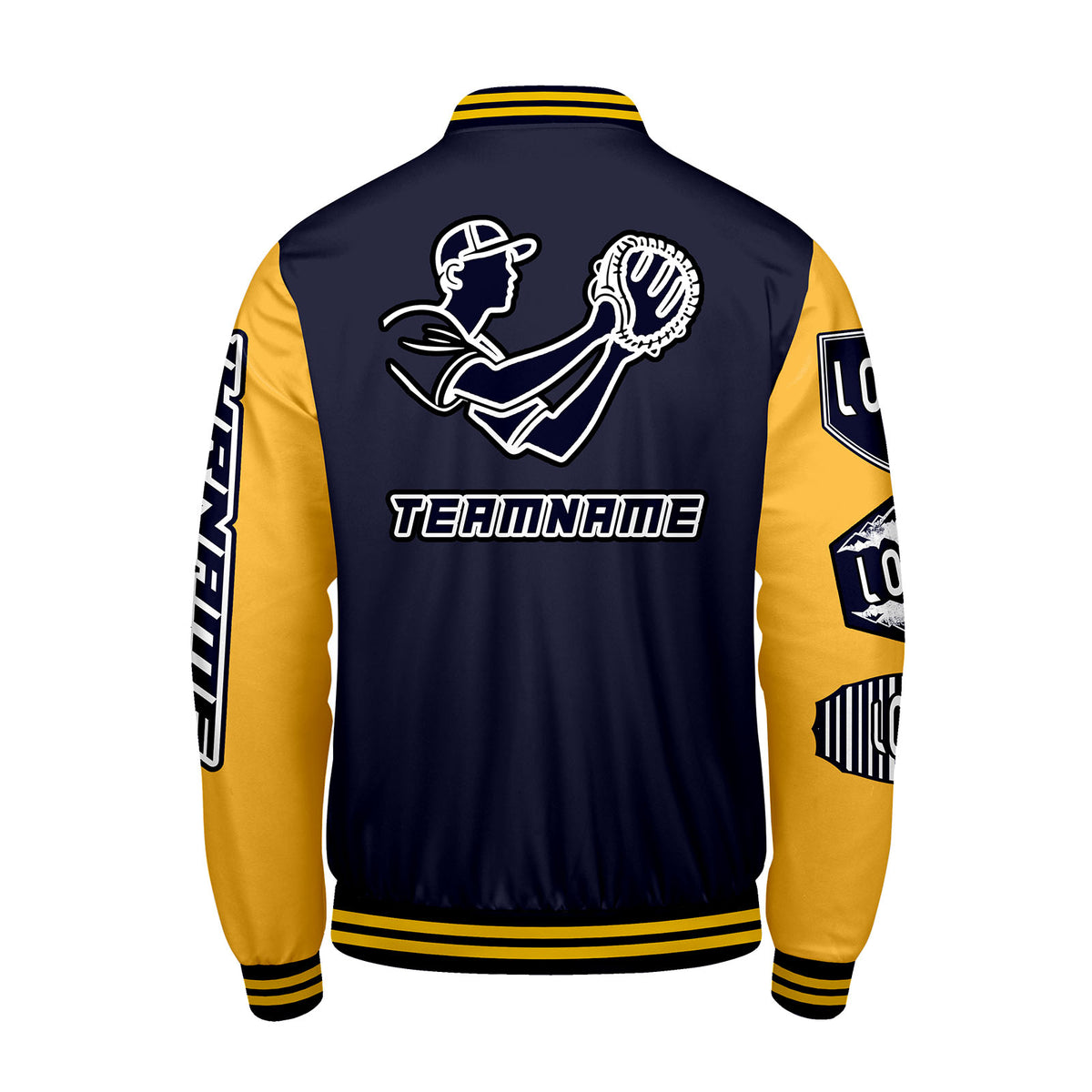 Maßgeschneiderte Marine Gelb Letterman Varsity Jacket Individuelle Stickerei  Druck nach Ihrem Wunsch