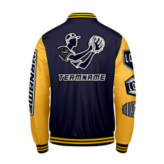 Maßgeschneiderte Marine Gelb Letterman Varsity Jacket Individuelle Stickerei  Druck nach Ihrem Wunsch