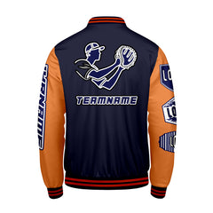 Maßgeschneiderte Marine Orange Letterman Varsity Jacket Individuelle Stickerei  Druck nach Ihrem Wunsch