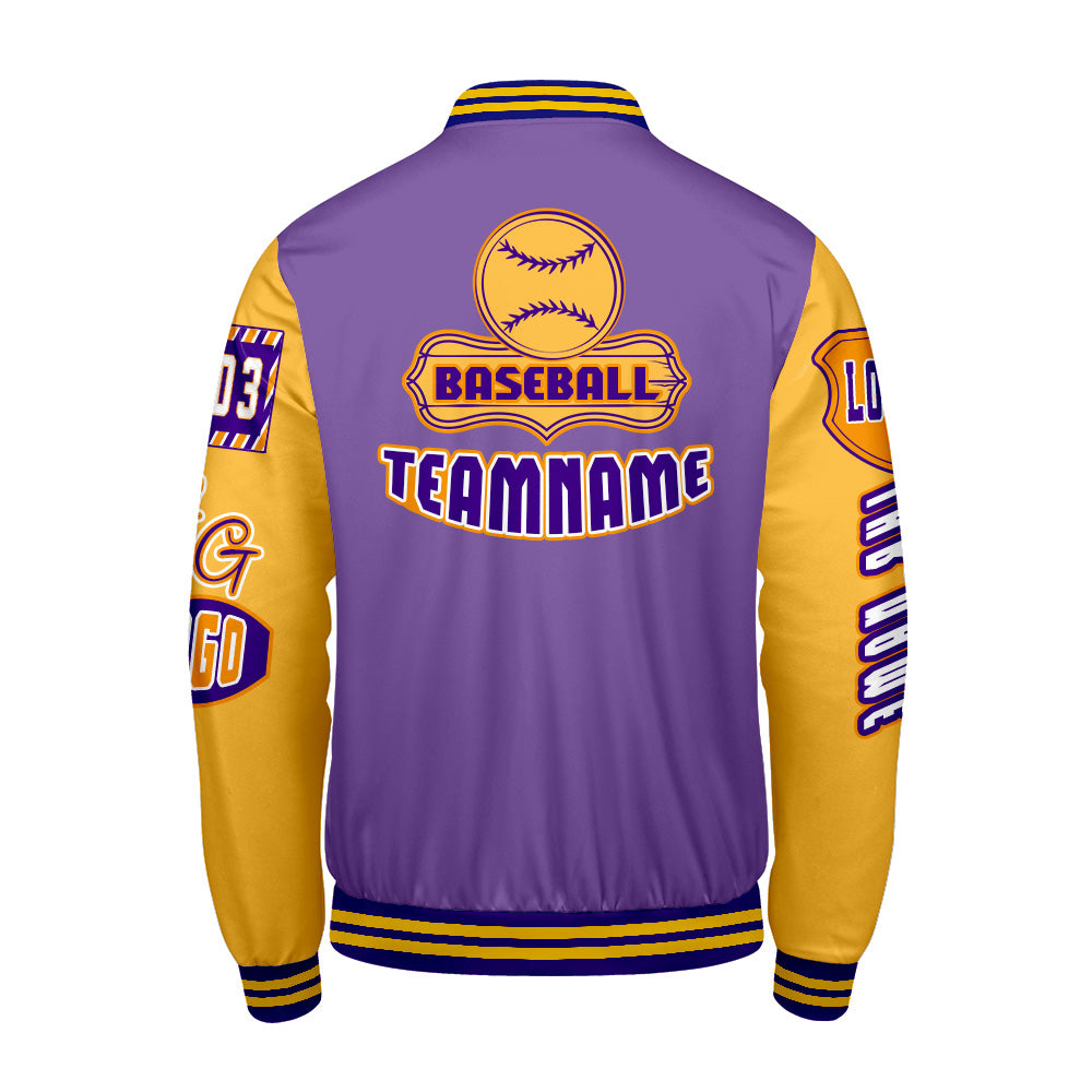 Maßgeschneiderte Lila Gelb Letterman Varsity Jacket Individuelle Stickerei  Druck nach Ihrem Wunsch