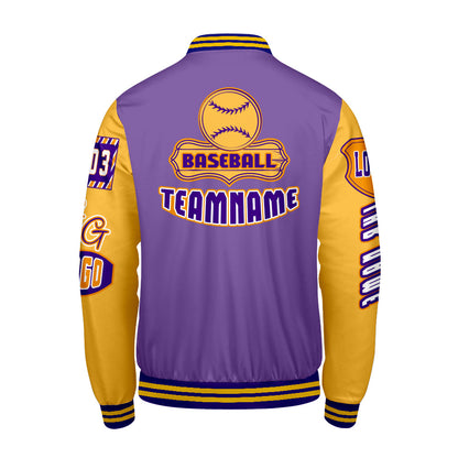 Maßgeschneiderte Lila Gelb Letterman Varsity Jacket Individuelle Stickerei  Druck nach Ihrem Wunsch