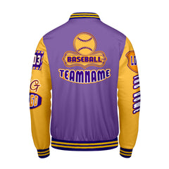 Maßgeschneiderte Lila Gelb Letterman Varsity Jacket Individuelle Stickerei  Druck nach Ihrem Wunsch
