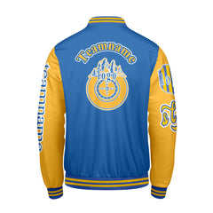 Maßgeschneiderte Blau Gelb Letterman Varsity Jacket Individuelle Stickerei  Druck nach Ihrem Wunsch