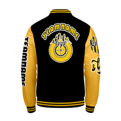 Maßgeschneiderte Schwarz Gelb Letterman Varsity Jacket Individuelle Stickerei  Druck nach Ihrem Wunsch