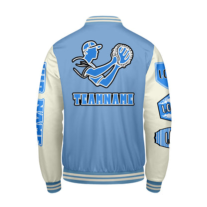 Maßgeschneiderte Blau Weiß Letterman Varsity Jacket Individuelle Stickerei  Druck nach Ihrem Wunsch