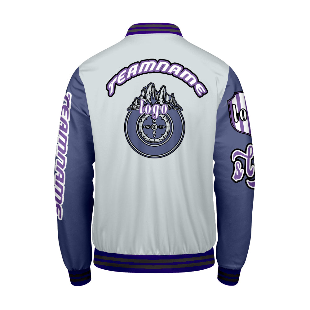 Maßgeschneiderte Grau Lila Letterman Varsity Jacket Individuelle Stickerei  Druck nach Ihrem Wunsch