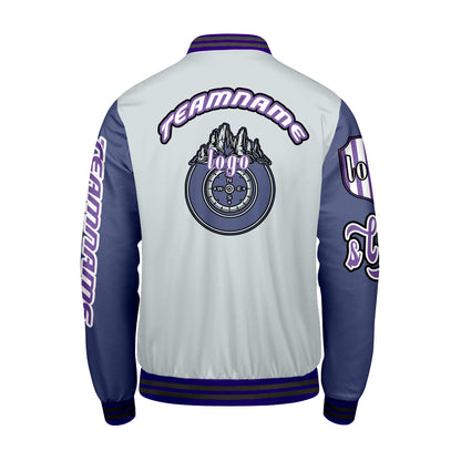 Maßgeschneiderte Grau Lila Letterman Varsity Jacket Individuelle Stickerei  Druck nach Ihrem Wunsch