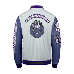 Maßgeschneiderte Grau Lila Letterman Varsity Jacket Individuelle Stickerei  Druck nach Ihrem Wunsch