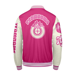 Maßgeschneiderte Rosa Weiß Letterman Varsity Jacket Individuelle Stickerei  Druck nach Ihrem Wunsch