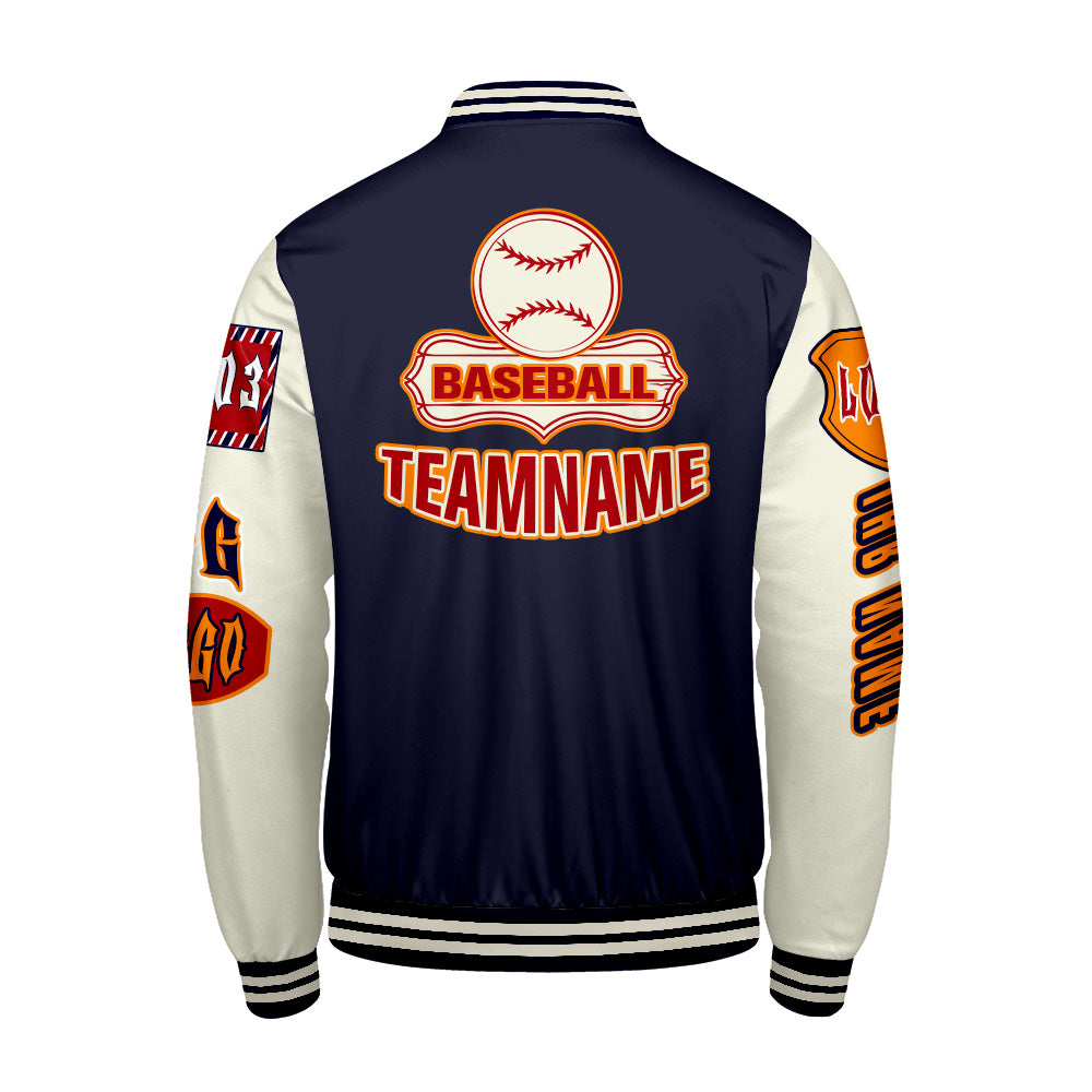 Maßgeschneiderte Marine Orange Letterman Varsity Jacket Individuelle Stickerei  Druck nach Ihrem Wunsch