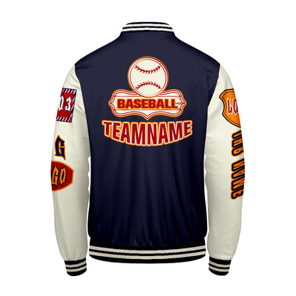 Maßgeschneiderte Marine Orange Letterman Varsity Jacket Individuelle Stickerei  Druck nach Ihrem Wunsch