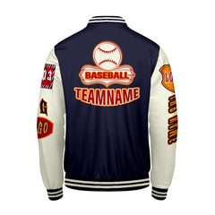 Maßgeschneiderte Marine Orange Letterman Varsity Jacket Individuelle Stickerei  Druck nach Ihrem Wunsch