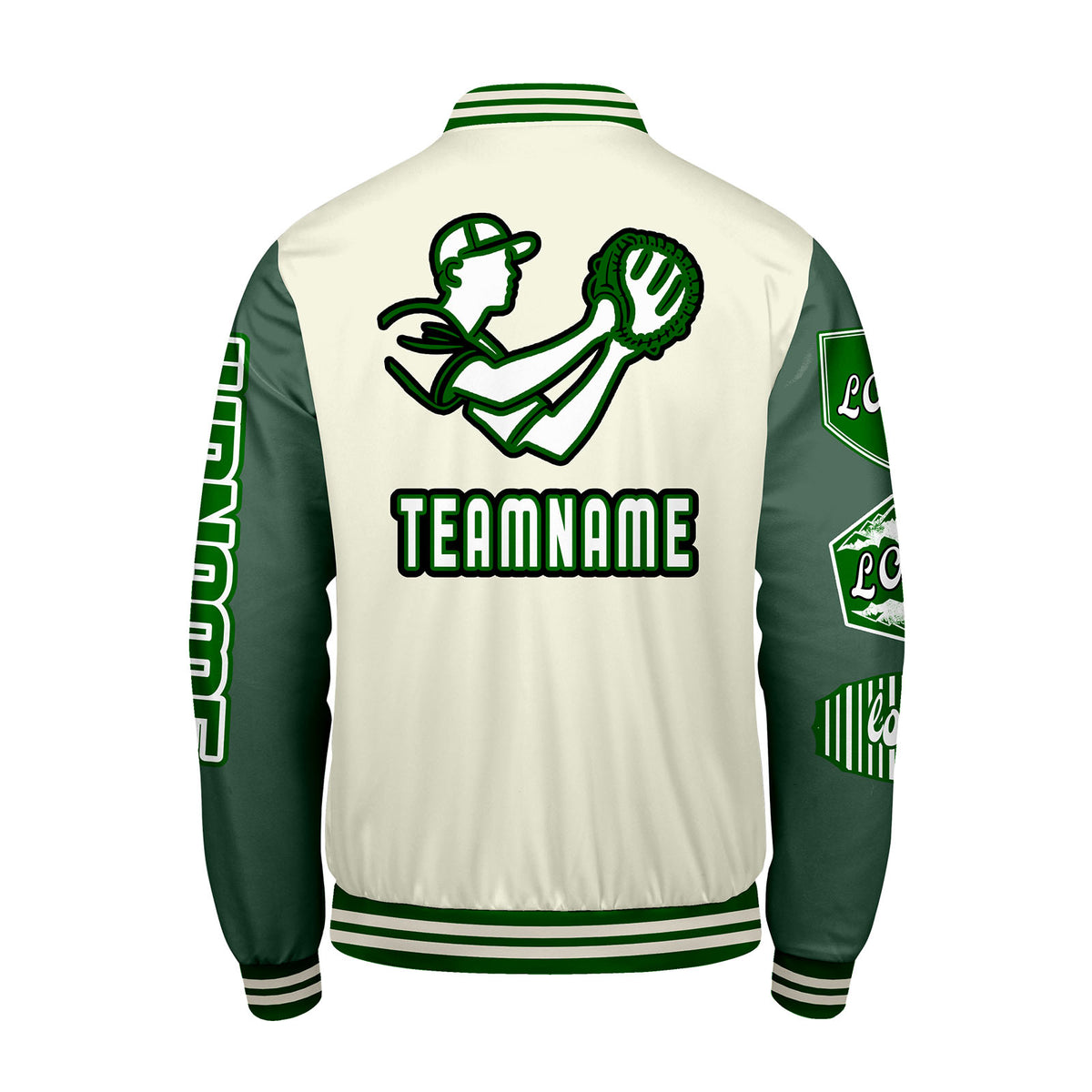 Maßgeschneiderte Weiß Militärgrün Letterman Varsity Jacket Individuelle Stickerei  Druck nach Ihrem Wunsch