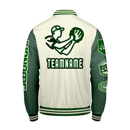 Maßgeschneiderte Weiß Militärgrün Letterman Varsity Jacket Individuelle Stickerei  Druck nach Ihrem Wunsch