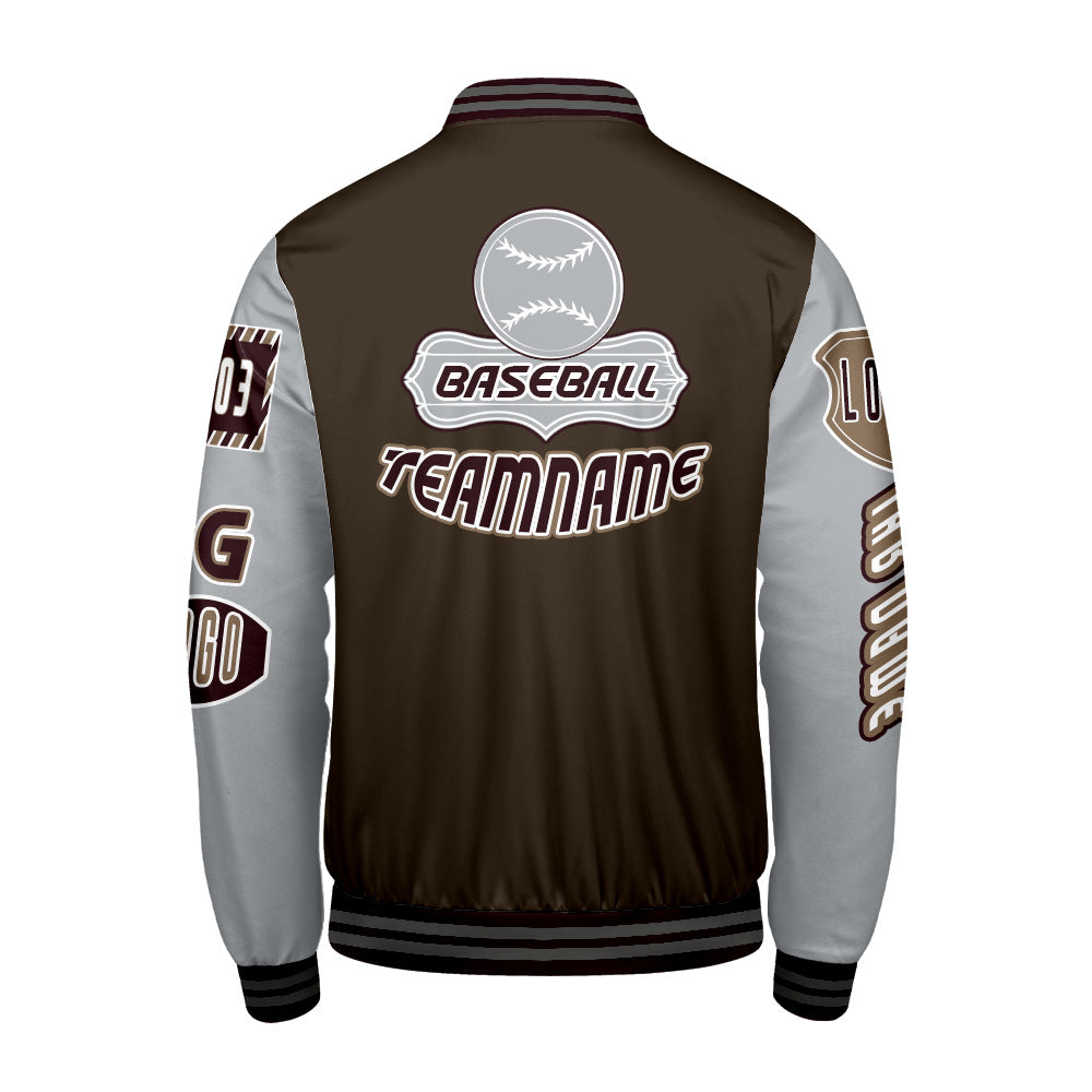 Maßgeschneiderte Braun Grau Letterman Varsity Jacket Individuelle Stickerei  Druck nach Ihrem Wunsch