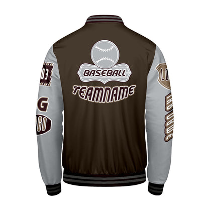 Maßgeschneiderte Braun Grau Letterman Varsity Jacket Individuelle Stickerei  Druck nach Ihrem Wunsch