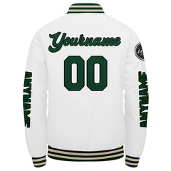 Maßgeschneiderte Dunkelgrün Weiß Creme Letterman Varsity Jacket Individuelle Stickerei Druck nach Ihrem Wunsch
