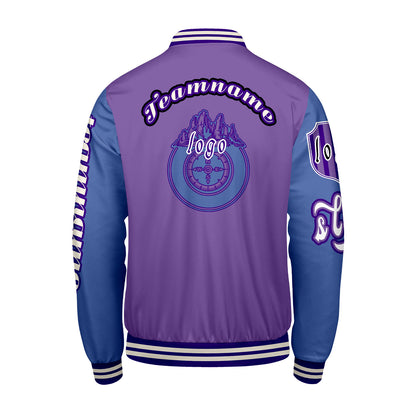 Maßgeschneiderte Lila Blau Letterman Varsity Jacket Individuelle Stickerei  Druck nach Ihrem Wunsch