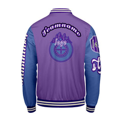 Maßgeschneiderte Lila Blau Letterman Varsity Jacket Individuelle Stickerei  Druck nach Ihrem Wunsch