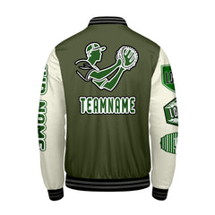 Maßgeschneiderte Olivengrün Weiß Letterman Varsity Jacket Individuelle Stickerei  Druck nach Ihrem Wunsch