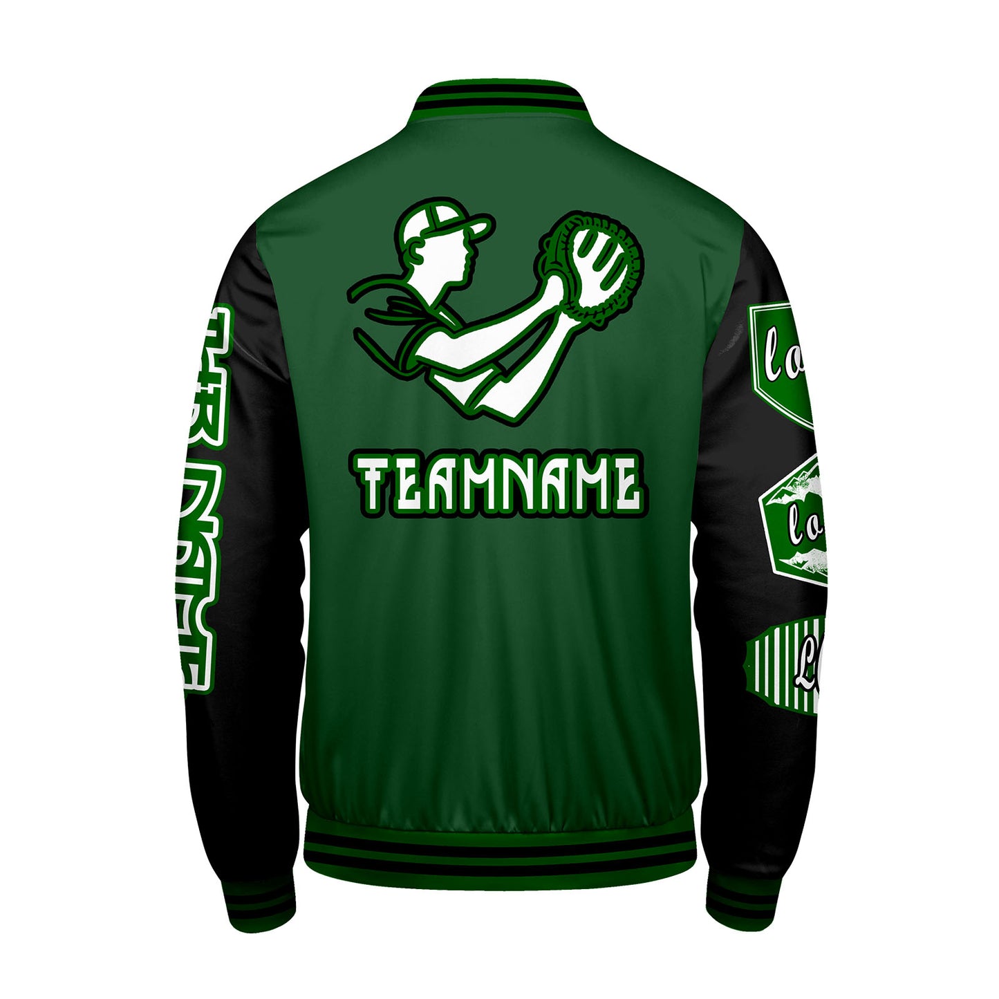 Maßgeschneiderte Grün Schwarz Letterman Varsity Jacket Individuelle Stickerei  Druck nach Ihrem Wunsch