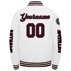 Maßgeschneiderte Braun Weiß Letterman Varsity Jacket Individuelle Stickerei Druck nach Ihrem Wunsch