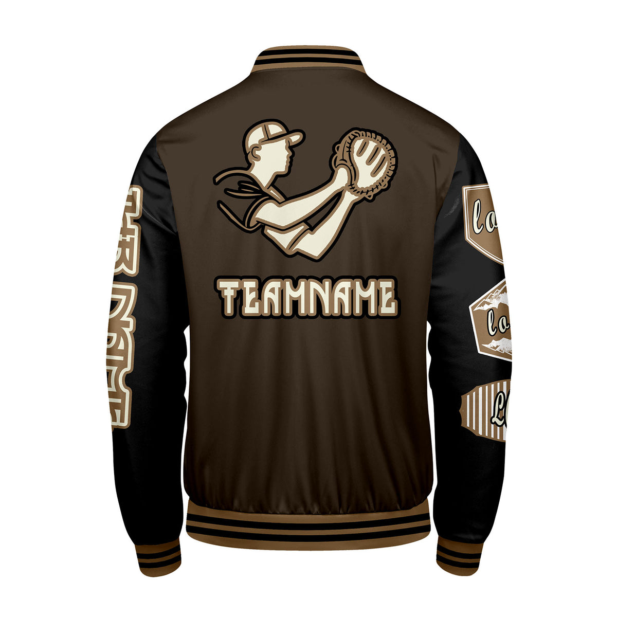 Maßgeschneiderte Braun Schwarz Letterman Varsity Jacket Individuelle Stickerei  Druck nach Ihrem Wunsch