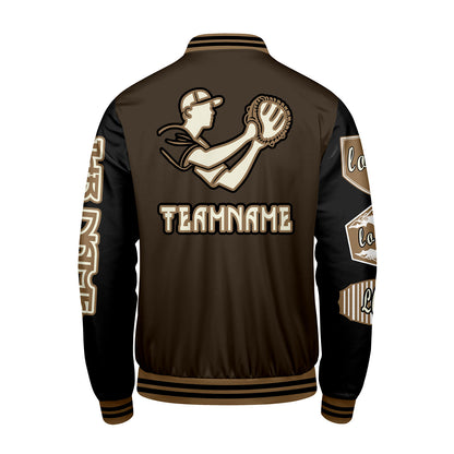 Maßgeschneiderte Braun Schwarz Letterman Varsity Jacket Individuelle Stickerei  Druck nach Ihrem Wunsch