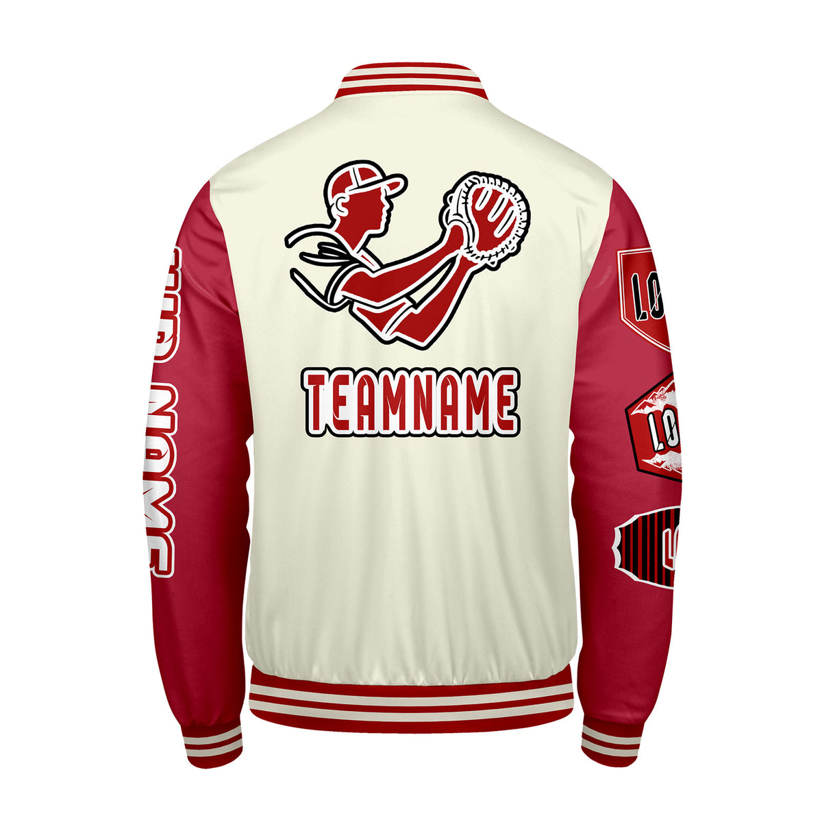 Maßgeschneiderte Weiß Rot Letterman Varsity Jacket Individuelle Stickerei  Druck nach Ihrem Wunsch