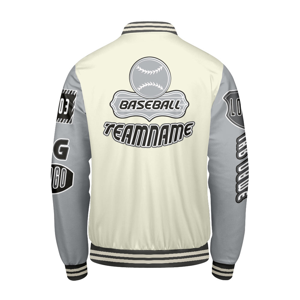 Maßgeschneiderte Grau Weiß Letterman Varsity Jacket Individuelle Stickerei  Druck nach Ihrem Wunsch