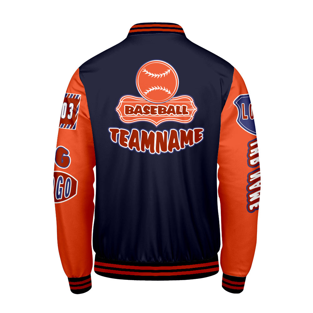 Maßgeschneiderte Marine Orange Letterman Varsity Jacket Individuelle Stickerei  Druck nach Ihrem Wunsch