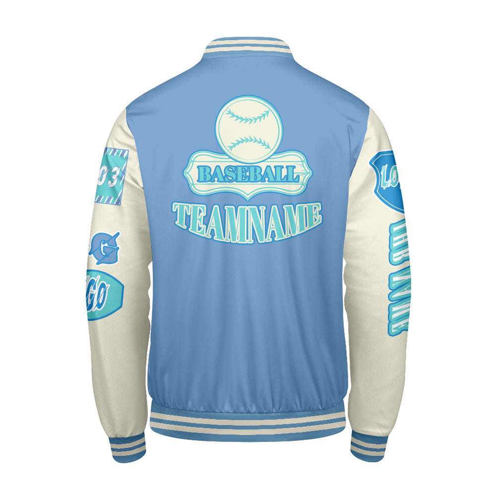 Maßgeschneiderte Blau Cyan Letterman Varsity Jacket Individuelle Stickerei  Druck nach Ihrem Wunsch
