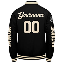 Maßgeschneiderte Schwarz Creme Letterman Varsity Jacket Individuelle Stickerei Druck nach Ihrem Wunsch