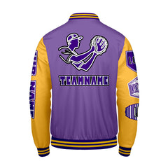 Maßgeschneiderte Lila Gelb Letterman Varsity Jacket Individuelle Stickerei  Druck nach Ihrem Wunsch