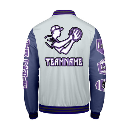 Maßgeschneiderte Grau Lila Letterman Varsity Jacket Individuelle Stickerei  Druck nach Ihrem Wunsch