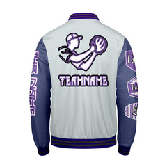 Maßgeschneiderte Grau Lila Letterman Varsity Jacket Individuelle Stickerei  Druck nach Ihrem Wunsch