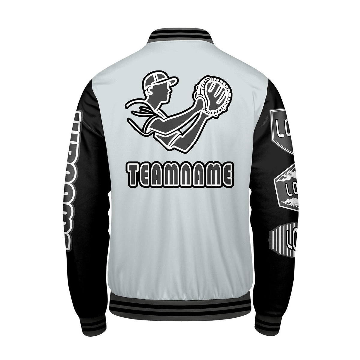 Maßgeschneiderte Grau Schwarz Letterman Varsity Jacket Individuelle Stickerei  Druck nach Ihrem Wunsch