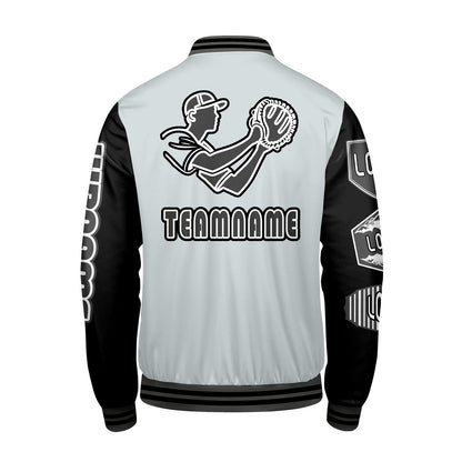 Maßgeschneiderte Grau Schwarz Letterman Varsity Jacket Individuelle Stickerei  Druck nach Ihrem Wunsch