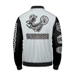 Maßgeschneiderte Grau Schwarz Letterman Varsity Jacket Individuelle Stickerei  Druck nach Ihrem Wunsch