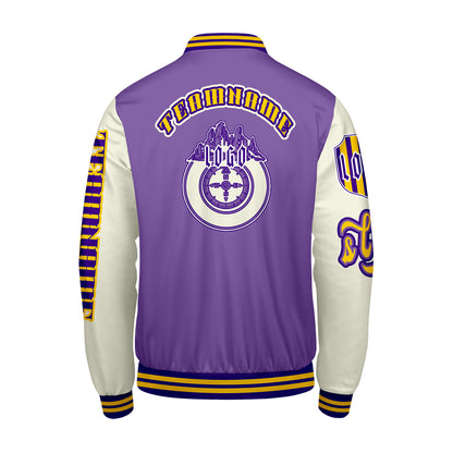 Maßgeschneiderte Lila Weiß Letterman Varsity Jacket Individuelle Stickerei  Druck nach Ihrem Wunsch