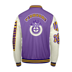 Maßgeschneiderte Lila Weiß Letterman Varsity Jacket Individuelle Stickerei  Druck nach Ihrem Wunsch