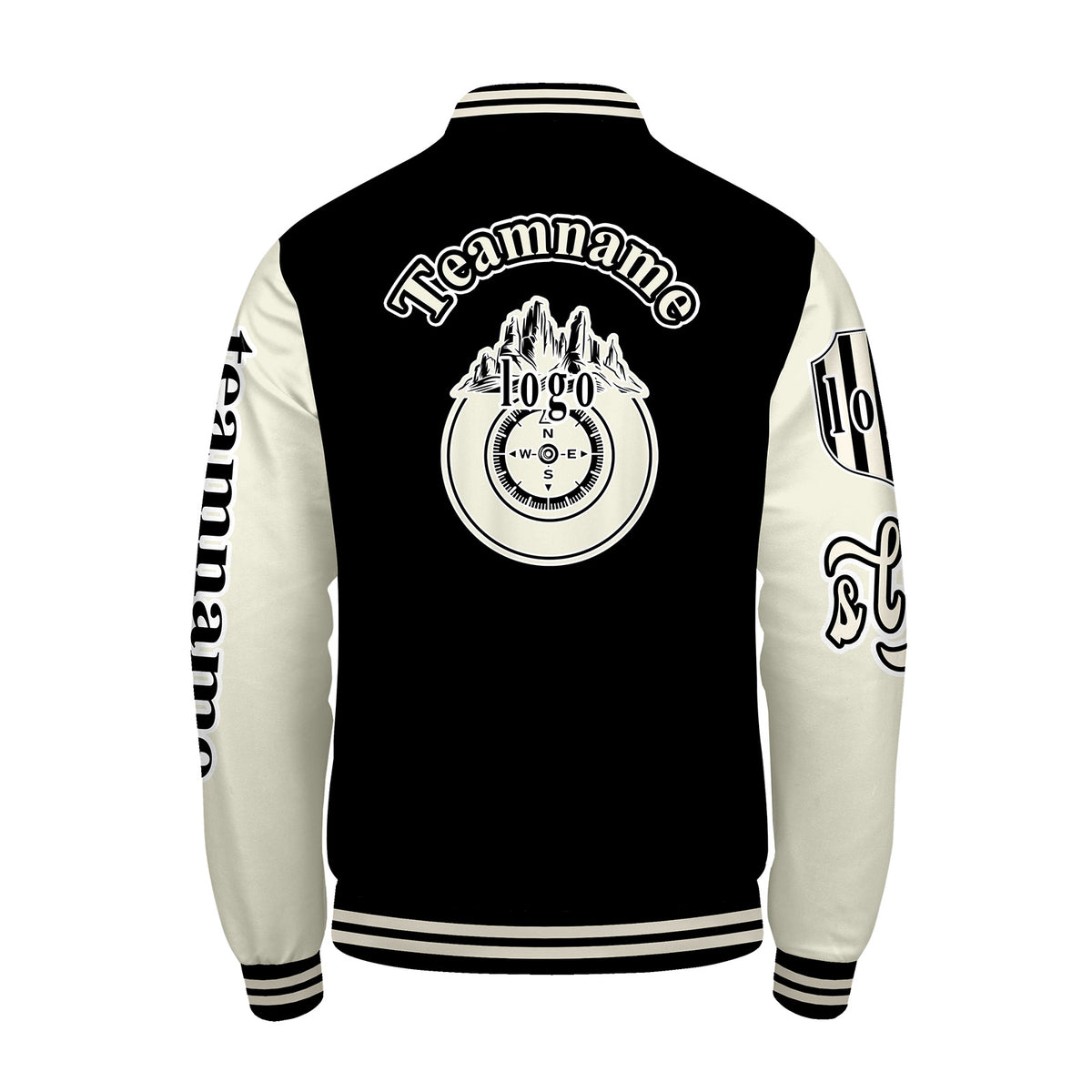 Maßgeschneiderte Schwarz Weiß Letterman Varsity Jacket Individuelle Stickerei  Druck nach Ihrem Wunsch