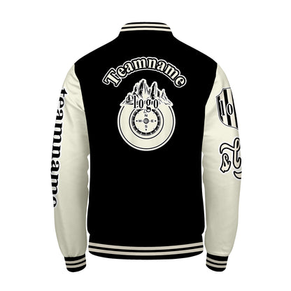 Maßgeschneiderte Schwarz Weiß Letterman Varsity Jacket Individuelle Stickerei  Druck nach Ihrem Wunsch