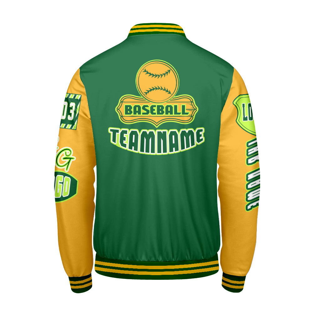 Maßgeschneiderte Grün Gelb Letterman Varsity Jacket Individuelle Stickerei  Druck nach Ihrem Wunsch
