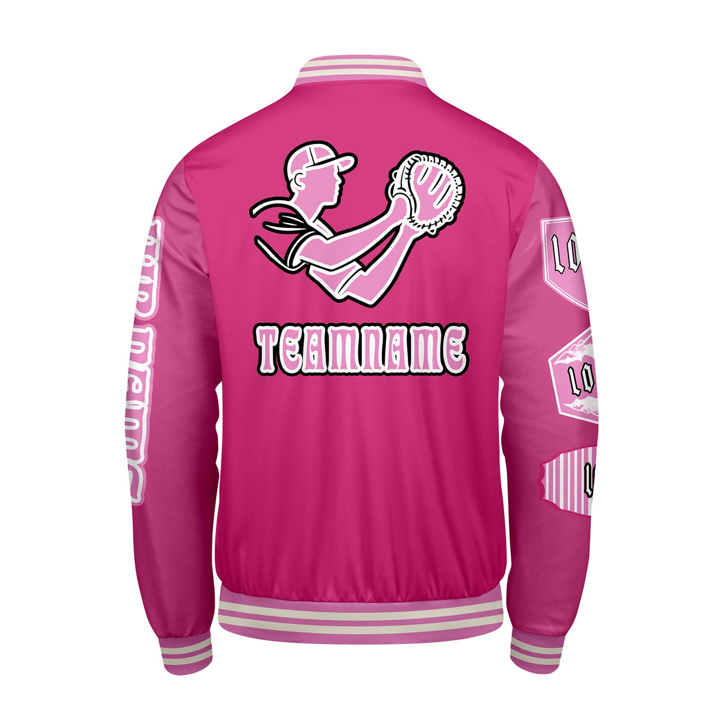 Maßgeschneiderte Rosa Letterman Varsity Jacket Individuelle Stickerei  Druck nach Ihrem Wunsch