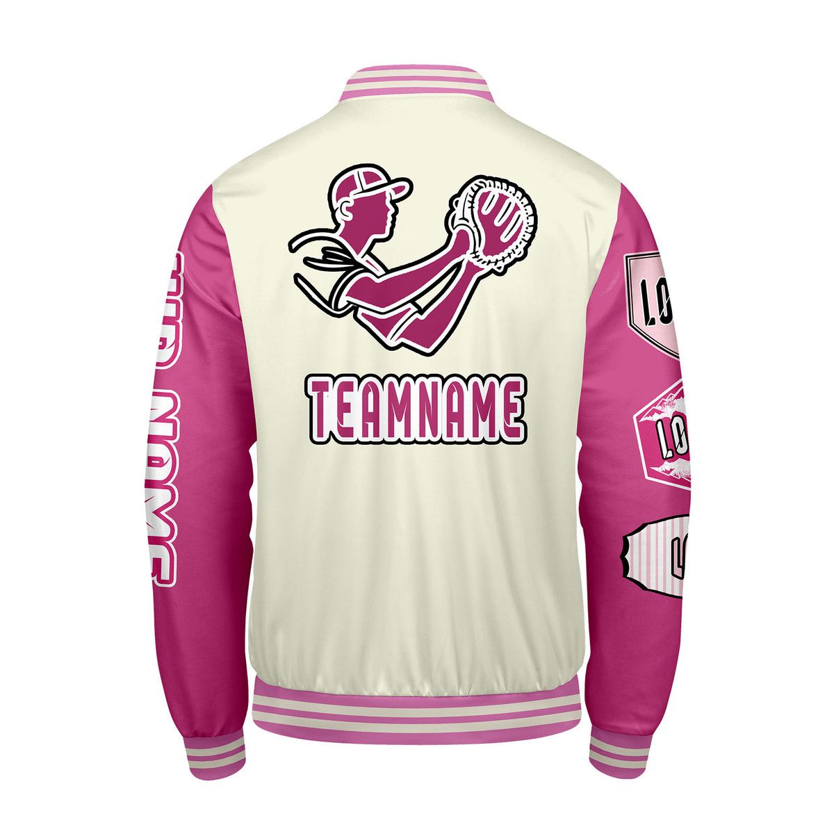 Maßgeschneiderte Weiß Rosa Letterman Varsity Jacket Individuelle Stickerei  Druck nach Ihrem Wunsch