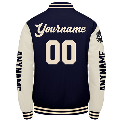 Maßgeschneiderte Marine Creme Letterman Varsity Jacket Individuelle Stickerei Druck nach Ihrem Wunsch