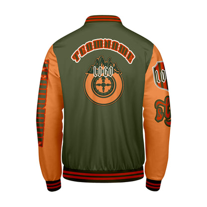 Maßgeschneiderte Grün Orange Letterman Varsity Jacket Individuelle Stickerei  Druck nach Ihrem Wunsch